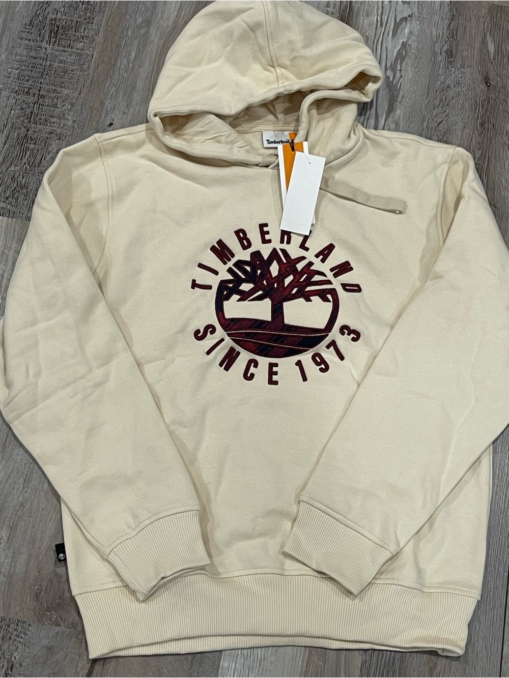 Timberland Cream Hoodie with Burgundy Logo
